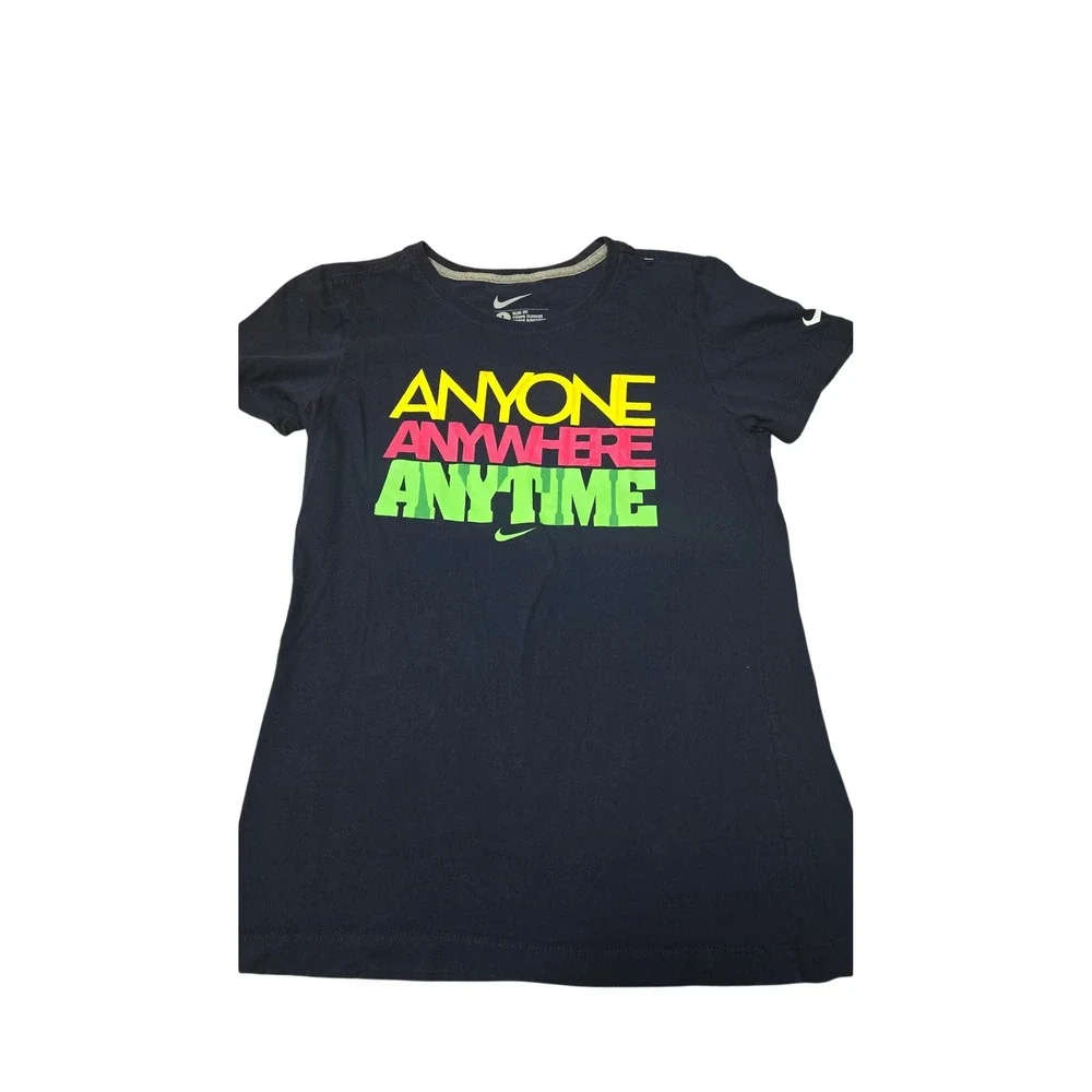 Nike Womens Slim Fit Graphic Tee Navy Blue Anyone Anywhere Anytime Shirt Large